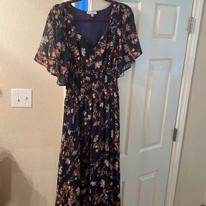 Navy Floral Maxi Dress with Leg Slit